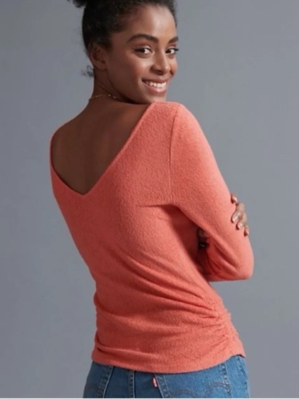 Anthropologie Coral V-Neck Long Sleeve Top